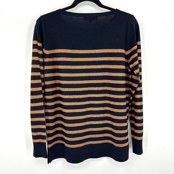 JAEGER Vintage Navy Blue Gold Metallic Striped Wool Lightweight Sweater Large - Picture 2 of 5